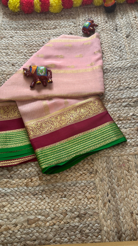 Pure Mysore Silk Saree - Jhumka Zari 3D Light Pink Maroon and Green
