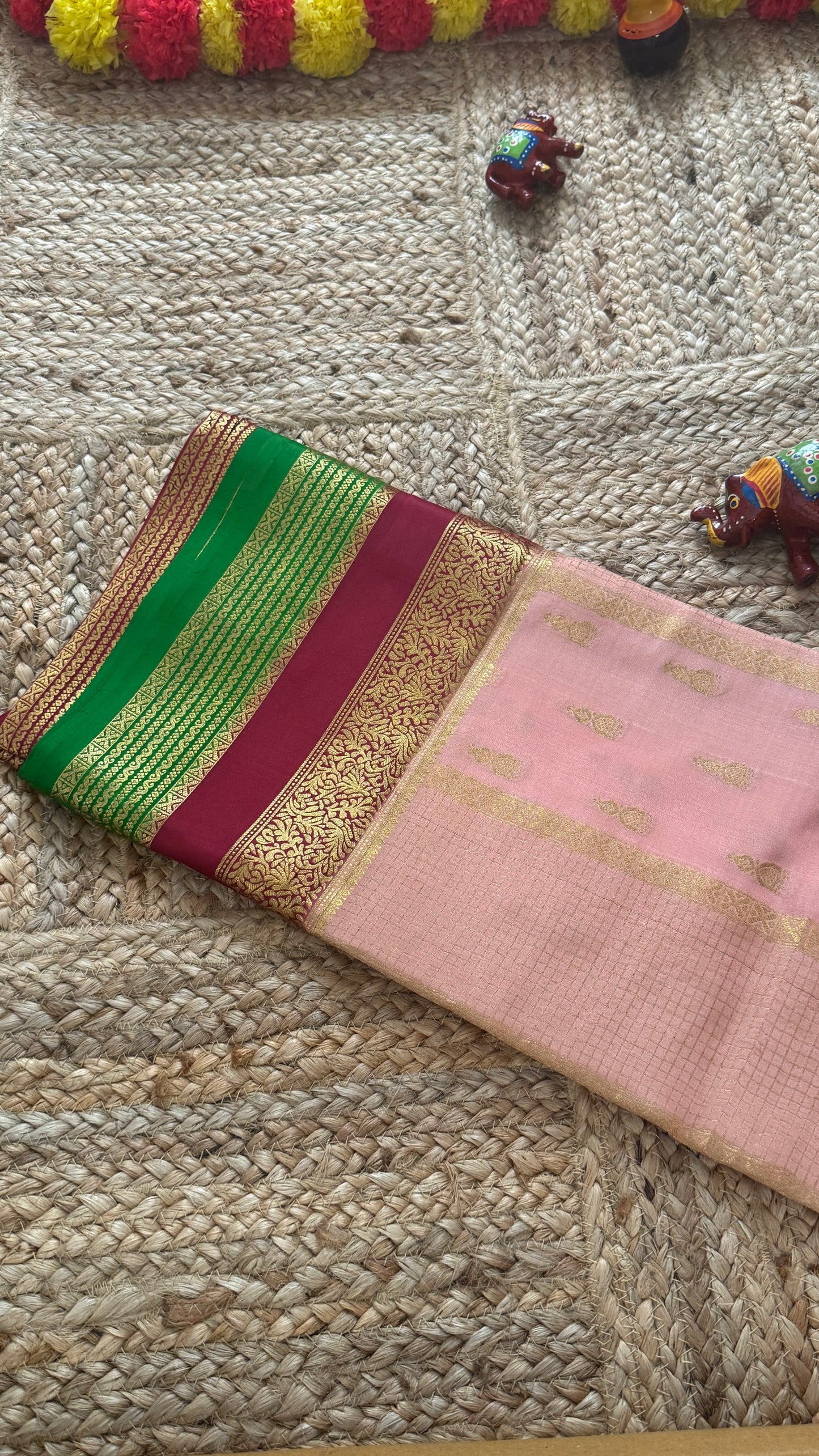 Pure Mysore Silk Saree - Jhumka Zari 3D Light Pink Maroon and Green