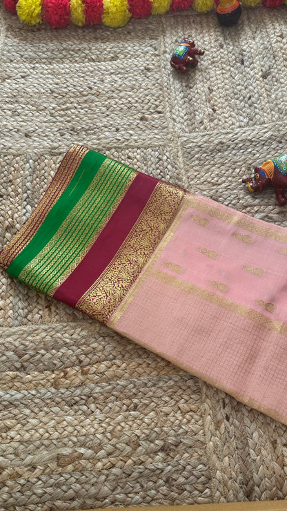 Pure Mysore Silk Saree - Jhumka Zari 3D Light Pink Maroon and Green