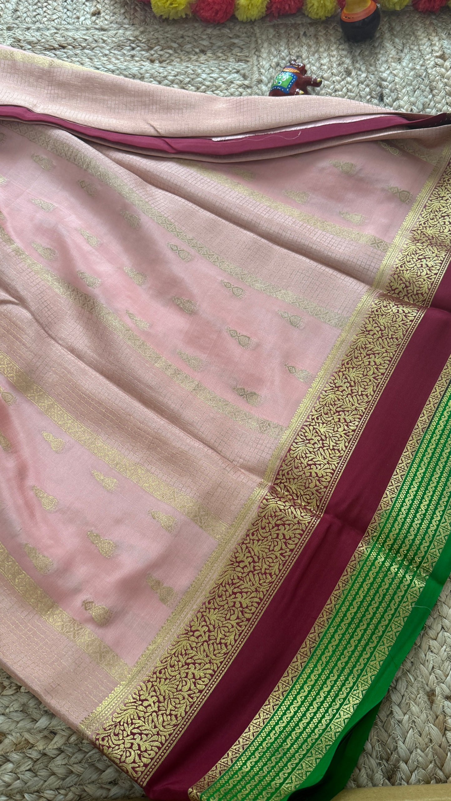 Pure Mysore Silk Saree - Jhumka Zari 3D Light Pink Maroon and Green