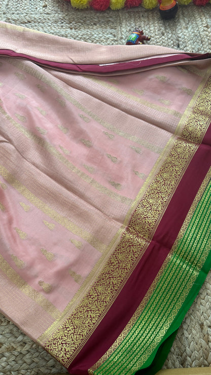 Pure Mysore Silk Saree - Jhumka Zari 3D Light Pink Maroon and Green