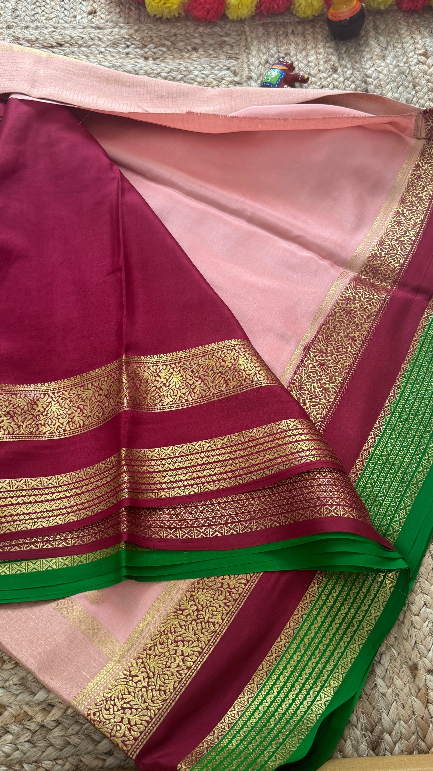 Pure Mysore Silk Saree - Jhumka Zari 3D Light Pink Maroon and Green