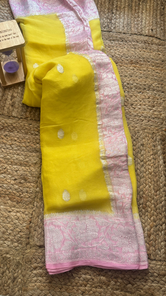 Premium Pure Chiffon Saree - Yellow and Baby Pink
