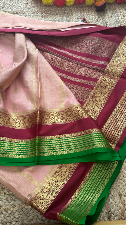 Pure Mysore Silk Saree - Jhumka Zari 3D Light Pink Maroon and Green