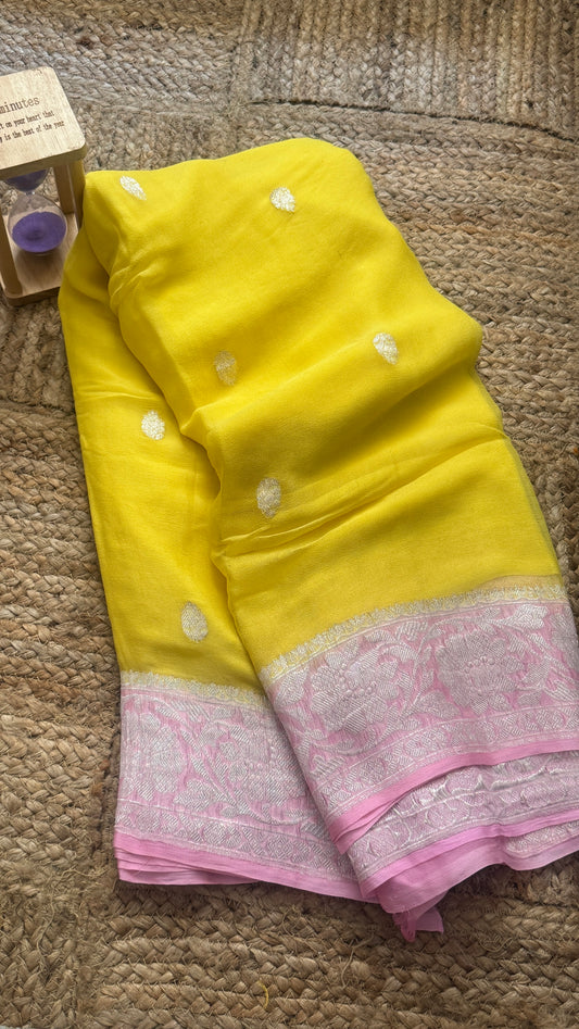 Premium Pure Chiffon Saree - Yellow and Baby Pink