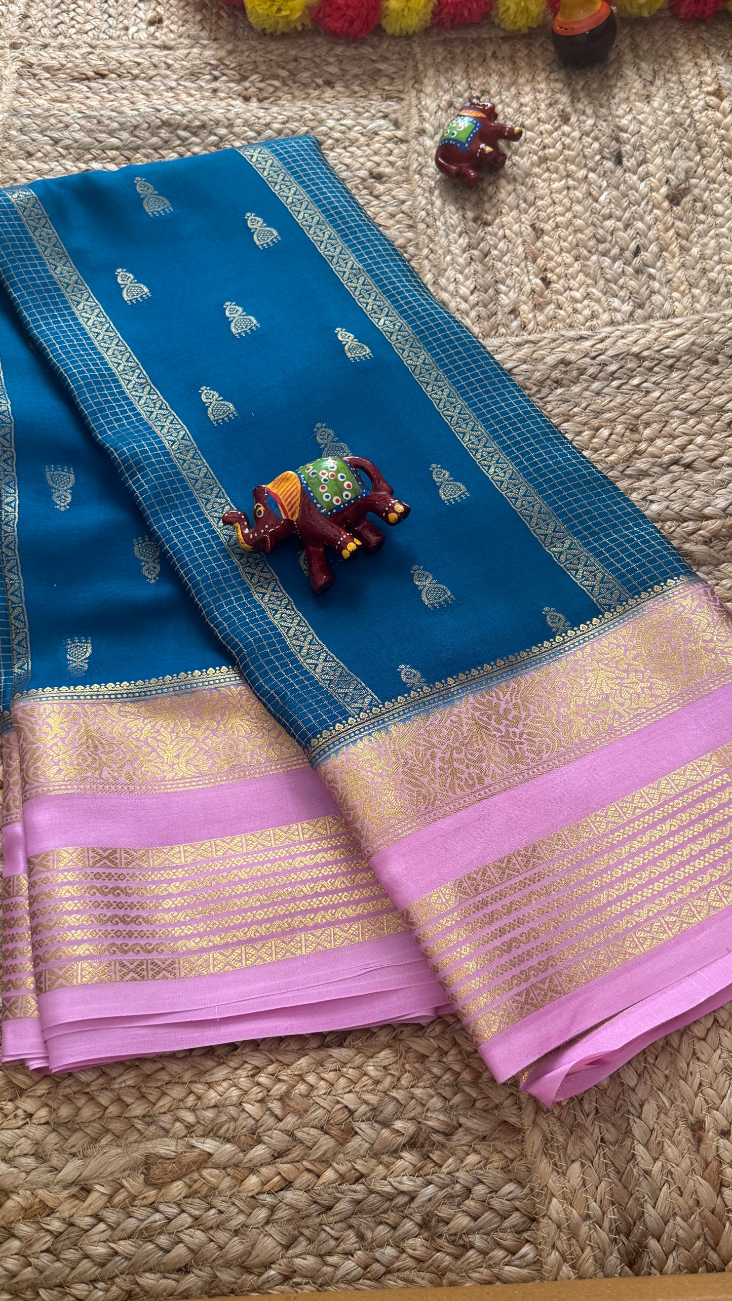Pure Mysore Silk Saree - Jhumka Zari 2D Peacock Blue and Baby Pink