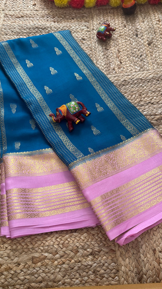 Pure Mysore Silk Saree - Jhumka Zari 2D Peacock Blue and Baby Pink