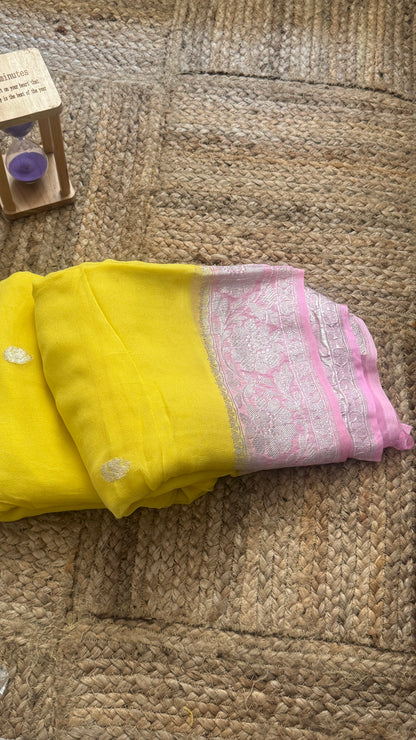 Premium Pure Chiffon Saree - Yellow and Baby Pink