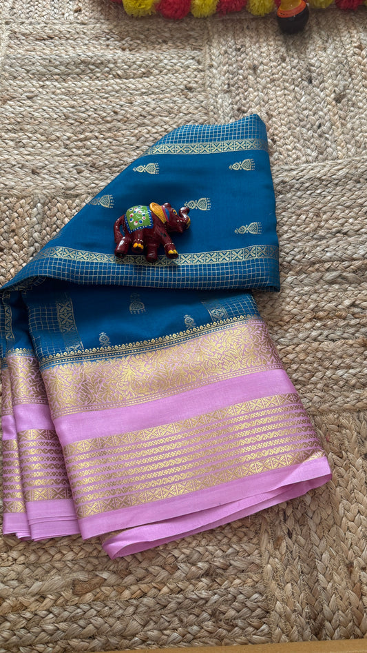 Pure Mysore Silk Saree - Jhumka Zari 2D Peacock Blue and Baby Pink