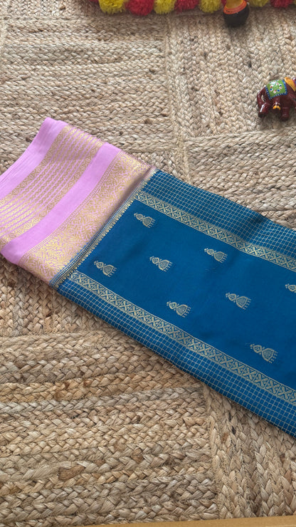 Pure Mysore Silk Saree - Jhumka Zari 2D Peacock Blue and Baby Pink