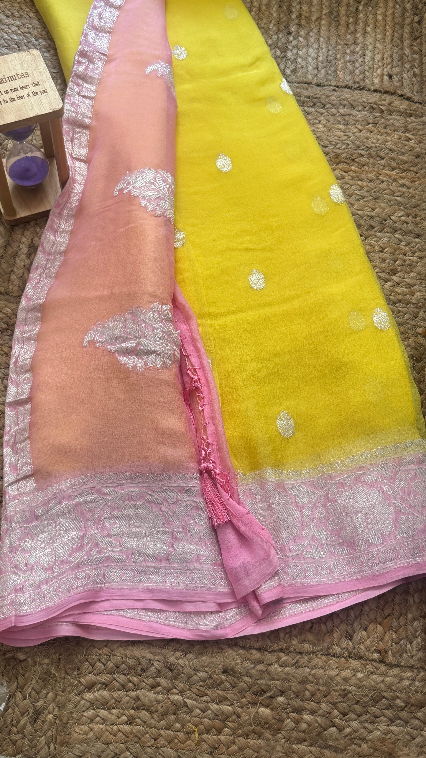 Premium Pure Chiffon Saree - Yellow and Baby Pink