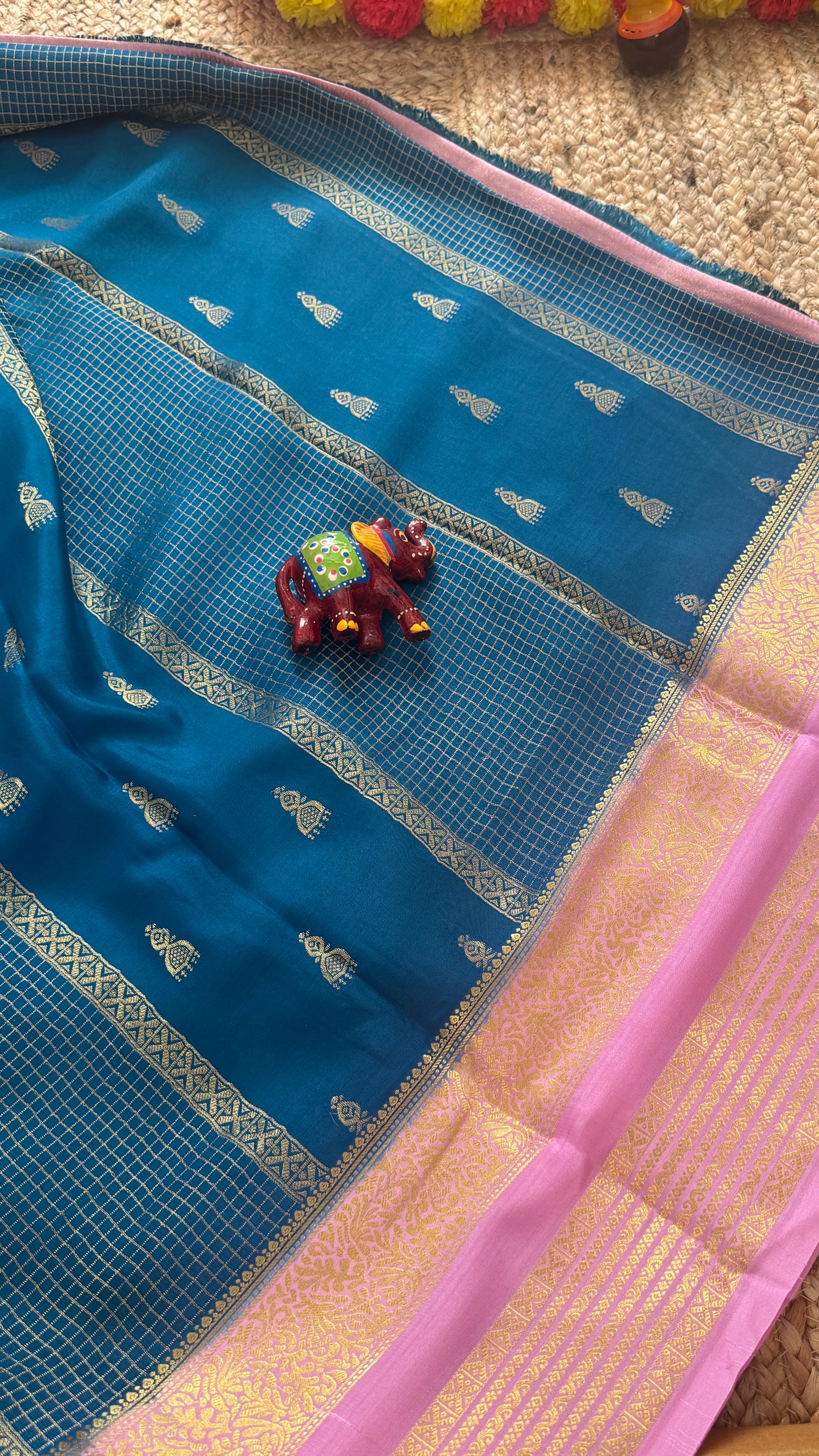 Pure Mysore Silk Saree - Jhumka Zari 2D Peacock Blue and Baby Pink