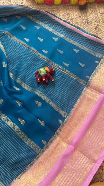 Pure Mysore Silk Saree - Jhumka Zari 2D Peacock Blue and Baby Pink