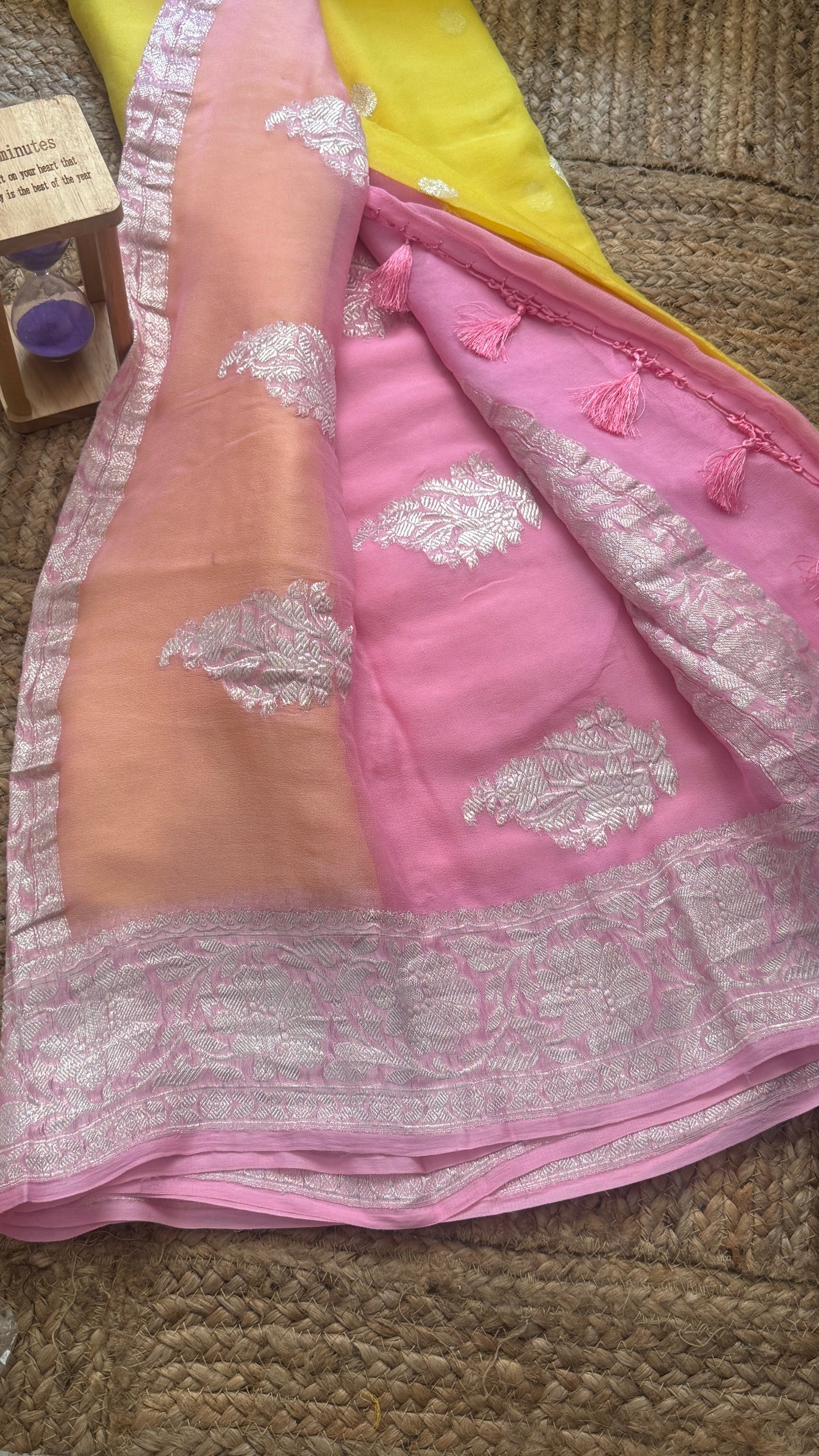 Premium Pure Chiffon Saree - Yellow and Baby Pink