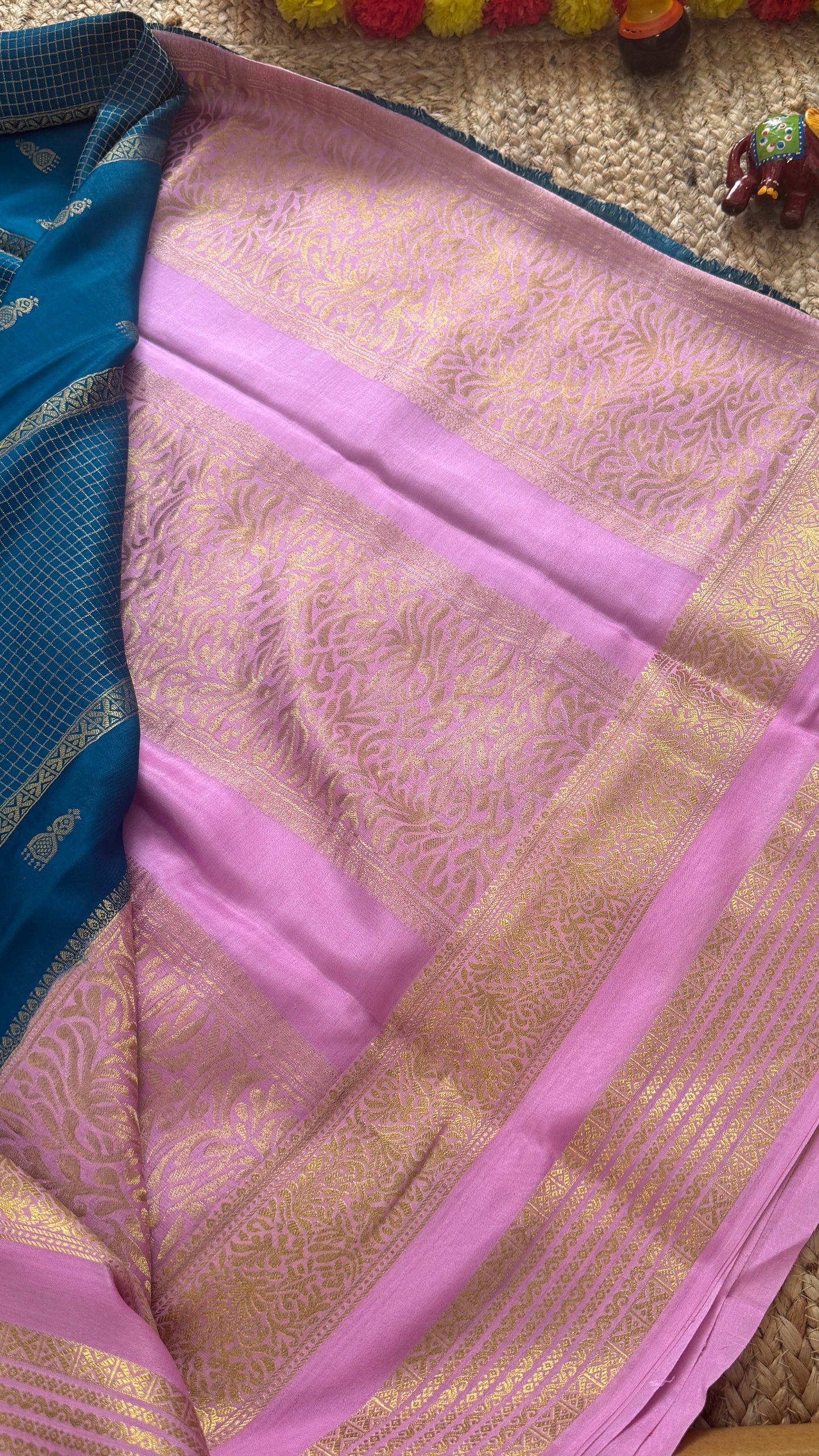 Pure Mysore Silk Saree - Jhumka Zari 2D Peacock Blue and Baby Pink