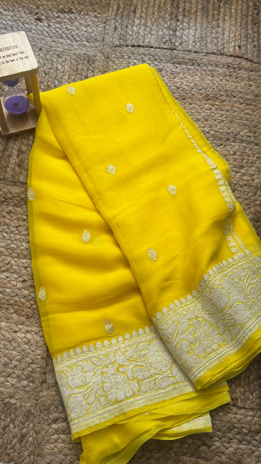 Premium Pure Chiffon Saree - Yellow with silver zari
