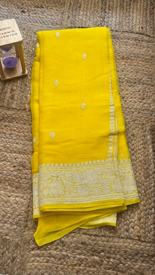 Premium Pure Chiffon Saree - Yellow with silver zari