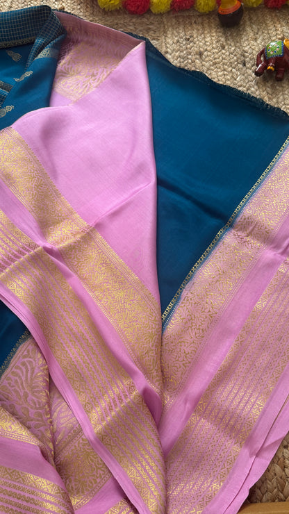 Pure Mysore Silk Saree - Jhumka Zari 2D Peacock Blue and Baby Pink