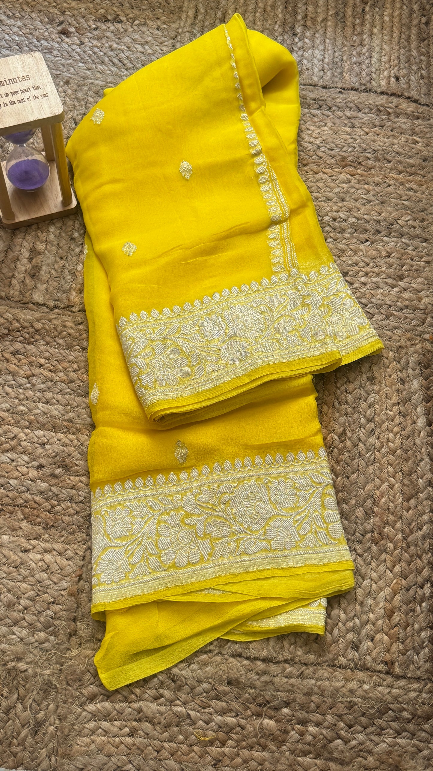 Premium Pure Chiffon Saree - Yellow with silver zari