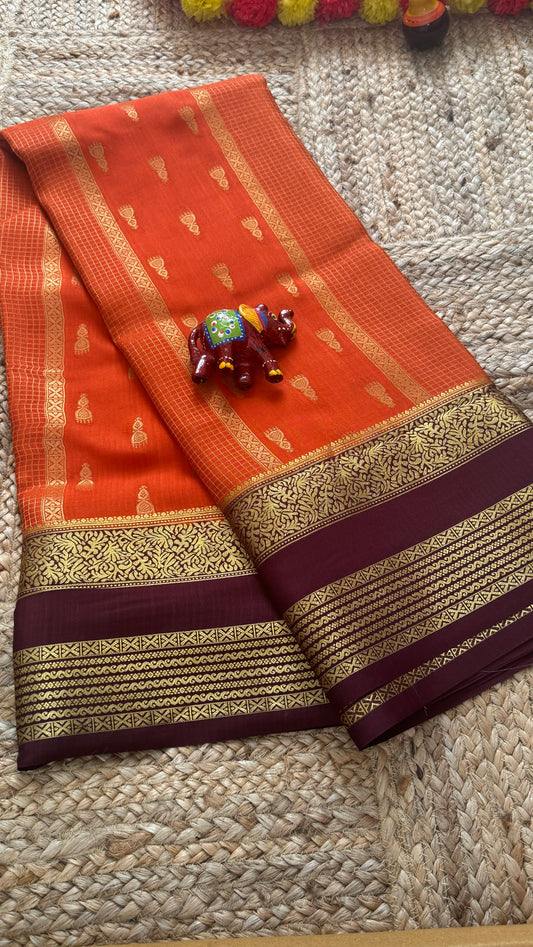Pure Mysore Silk Saree - Jhumka Zari 2D Rust Orange and Coffee Brown