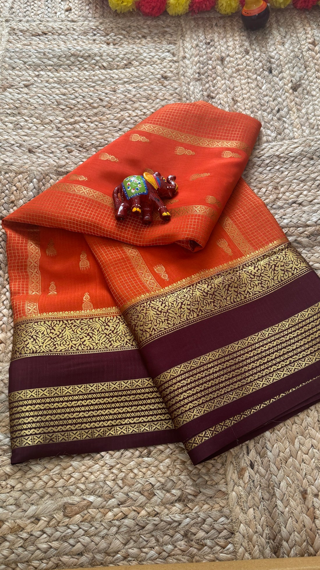 Pure Mysore Silk Saree - Jhumka Zari 2D Rust Orange and Coffee Brown