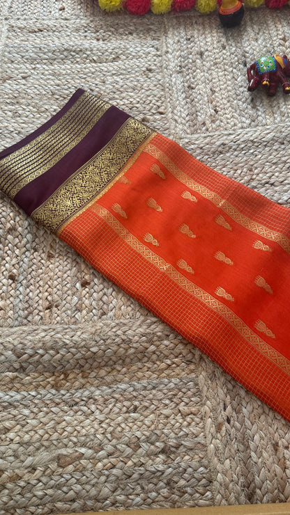 Pure Mysore Silk Saree - Jhumka Zari 2D Rust Orange and Coffee Brown