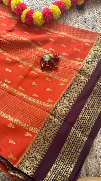 Pure Mysore Silk Saree - Jhumka Zari 2D Rust Orange and Coffee Brown