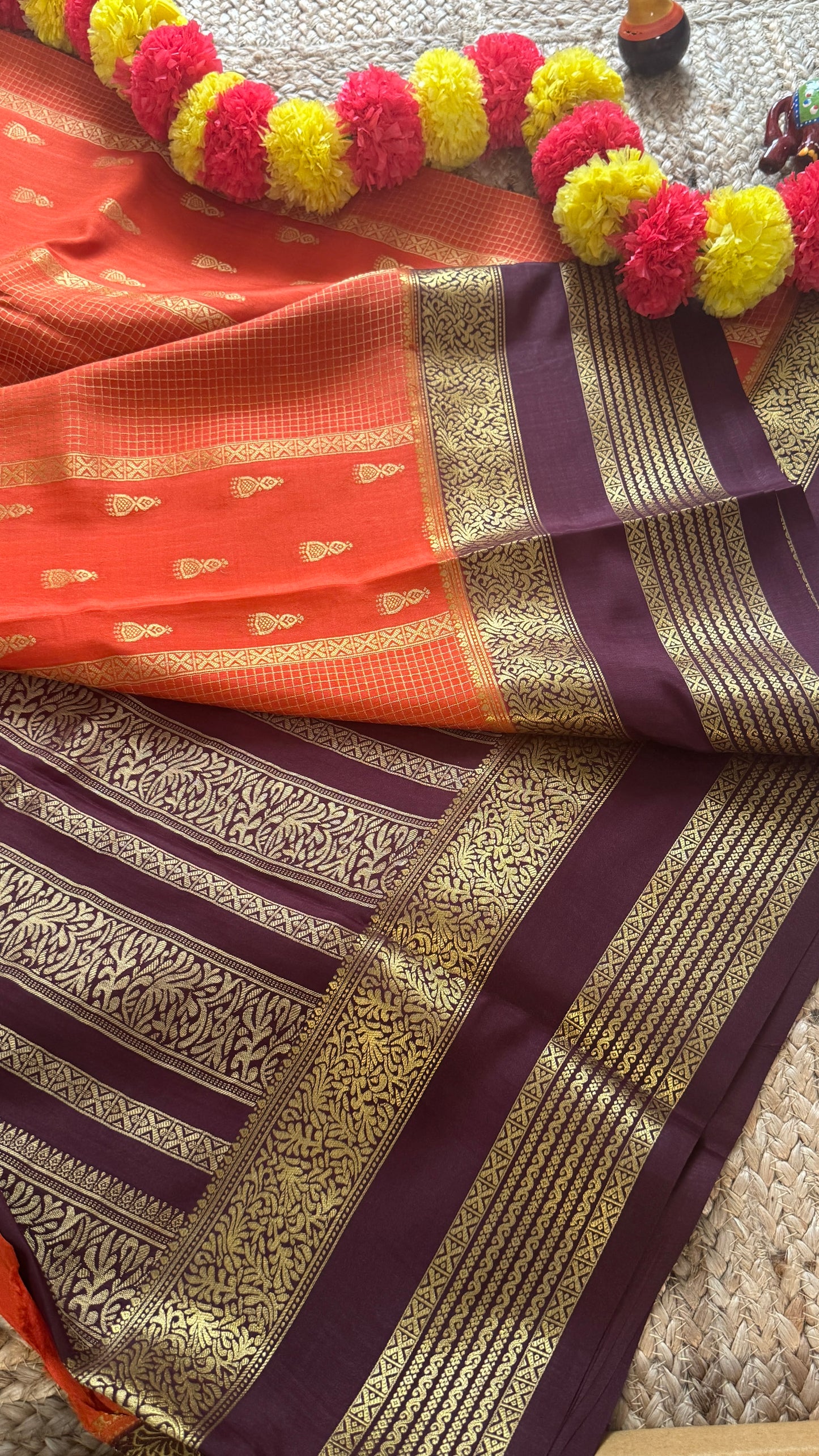 Pure Mysore Silk Saree - Jhumka Zari 2D Rust Orange and Coffee Brown