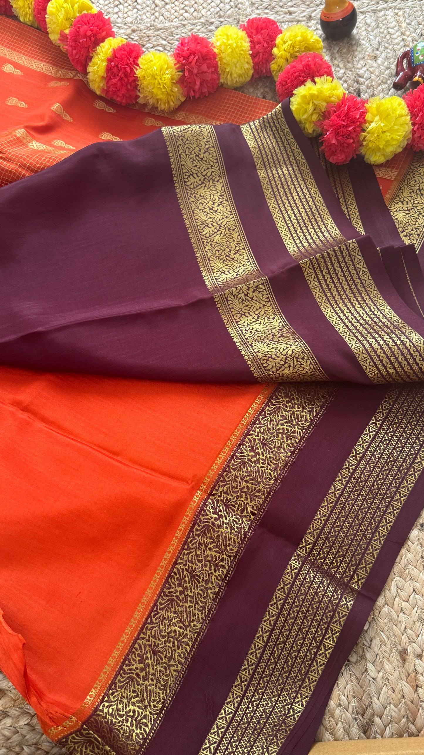 Pure Mysore Silk Saree - Jhumka Zari 2D Rust Orange and Coffee Brown