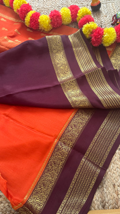 Pure Mysore Silk Saree - Jhumka Zari 2D Rust Orange and Coffee Brown