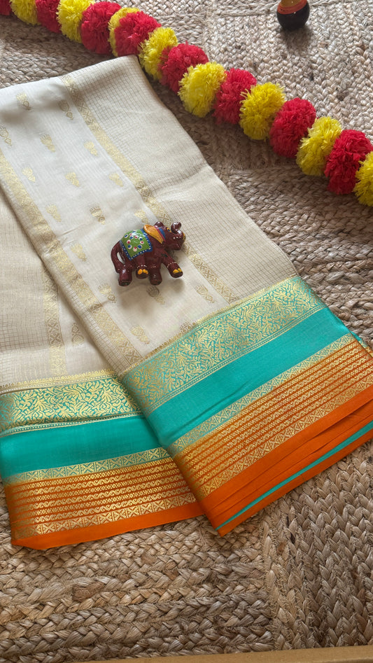 Pure Mysore Silk Saree - Jhumka Zari 3D White Turquoise and Orange