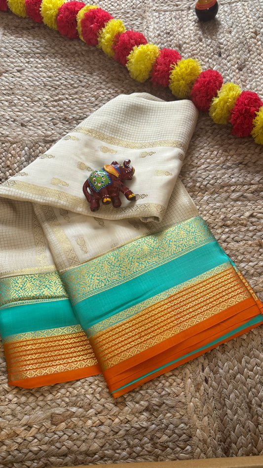 Pure Mysore Silk Saree - Jhumka Zari 3D White Turquoise and Orange