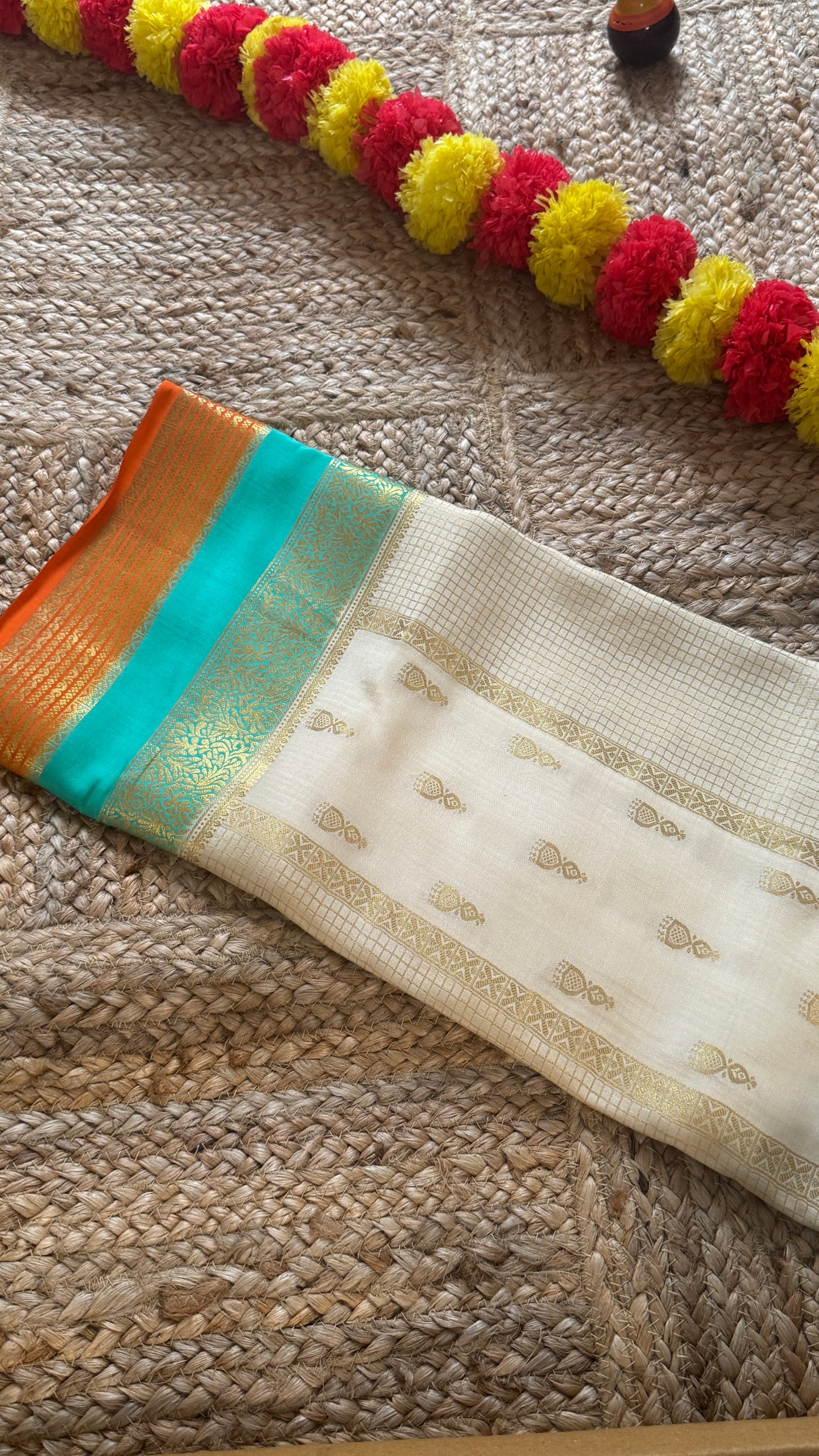 Pure Mysore Silk Saree - Jhumka Zari 3D White Turquoise and Orange