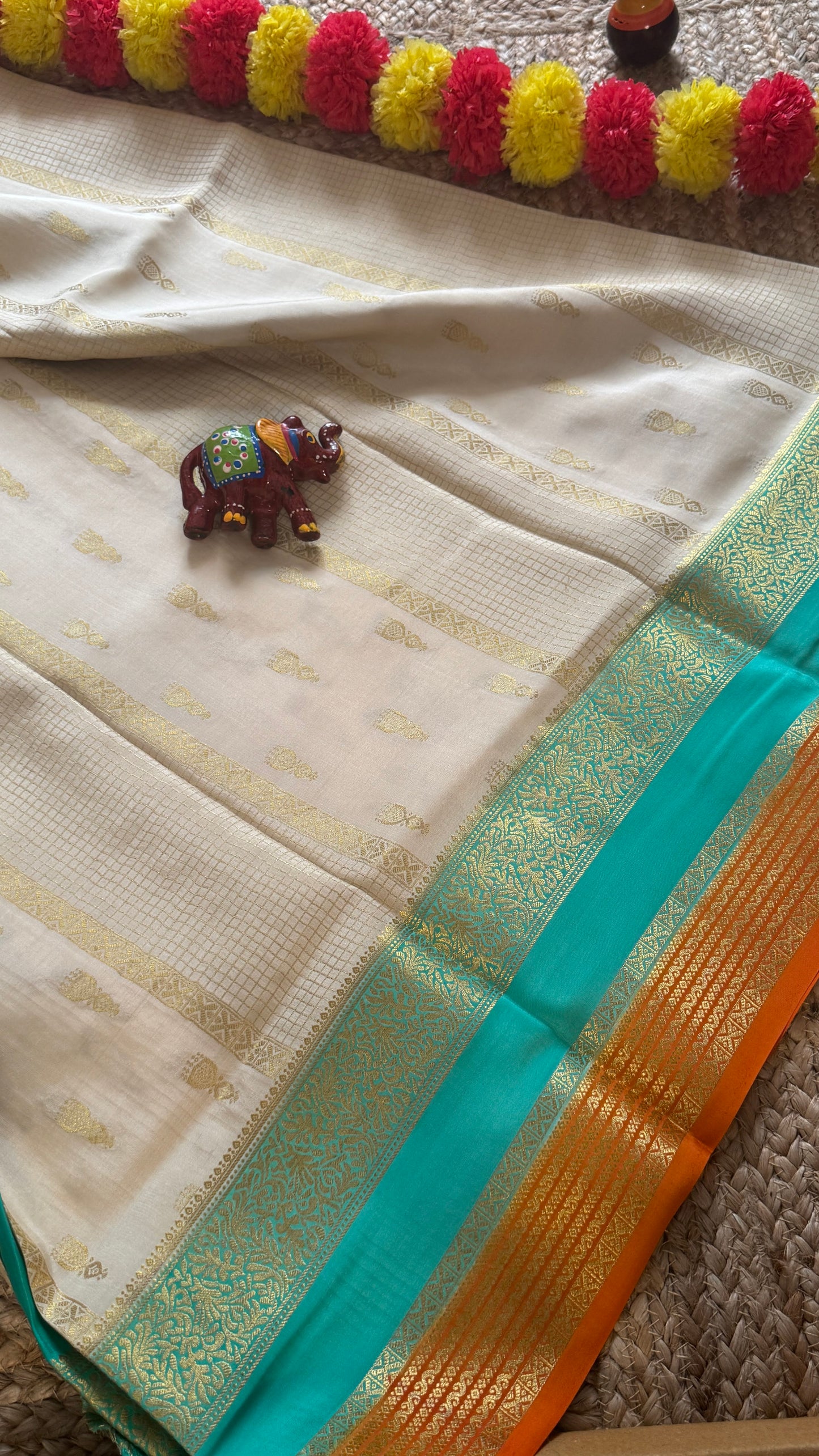 Pure Mysore Silk Saree - Jhumka Zari 3D White Turquoise and Orange