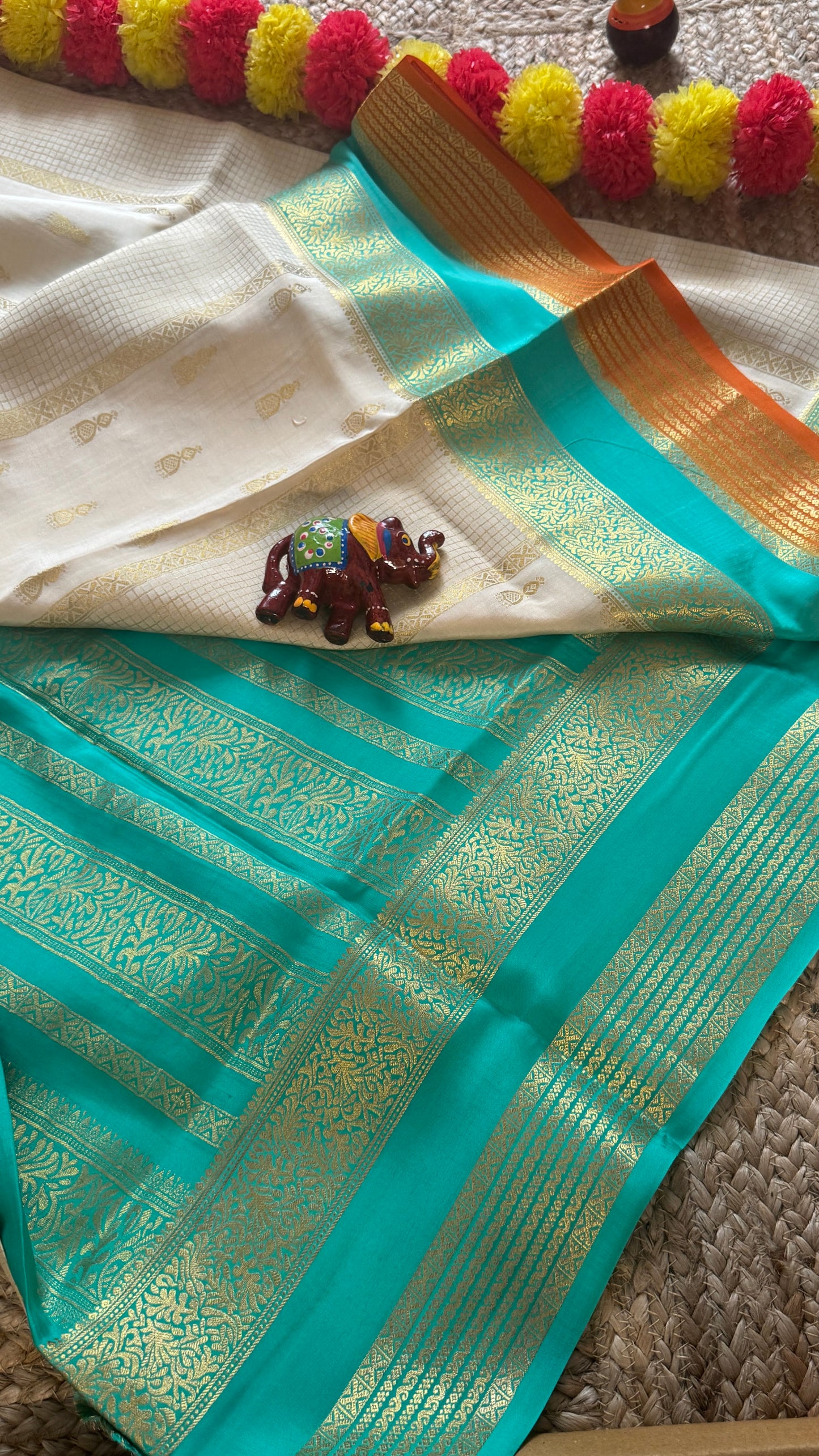 Pure Mysore Silk Saree - Jhumka Zari 3D White Turquoise and Orange