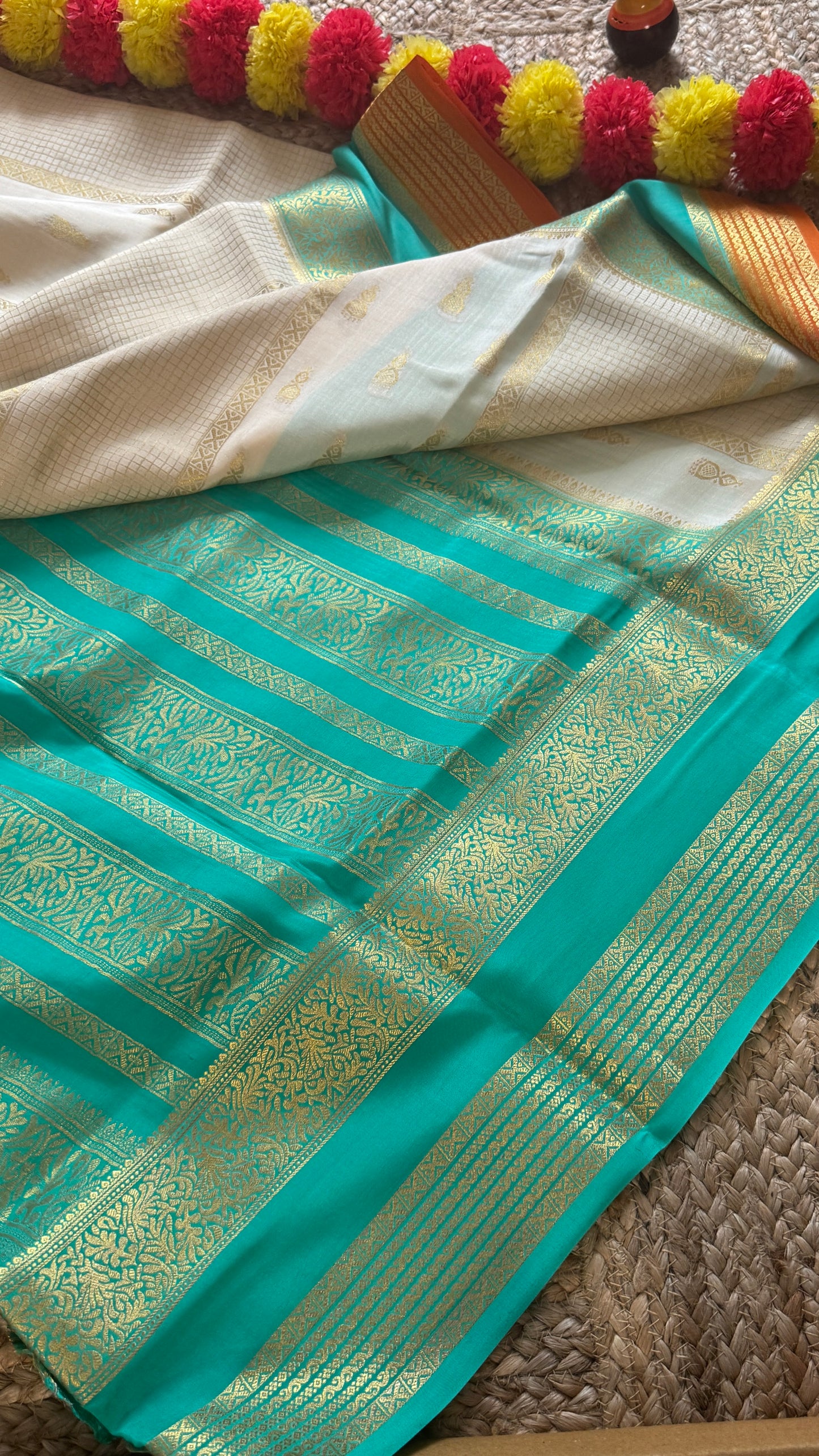 Pure Mysore Silk Saree - Jhumka Zari 3D White Turquoise and Orange