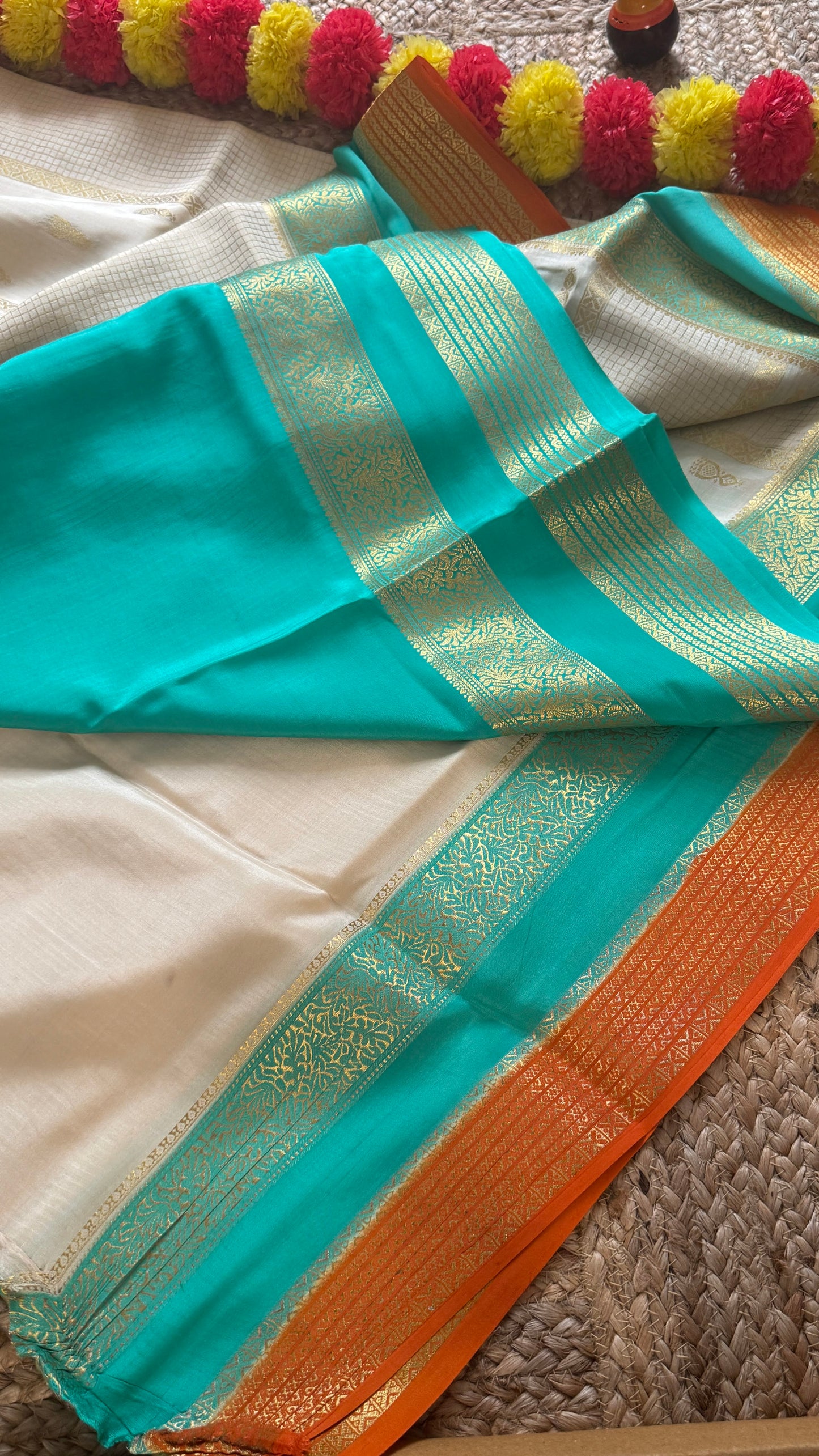 Pure Mysore Silk Saree - Jhumka Zari 3D White Turquoise and Orange