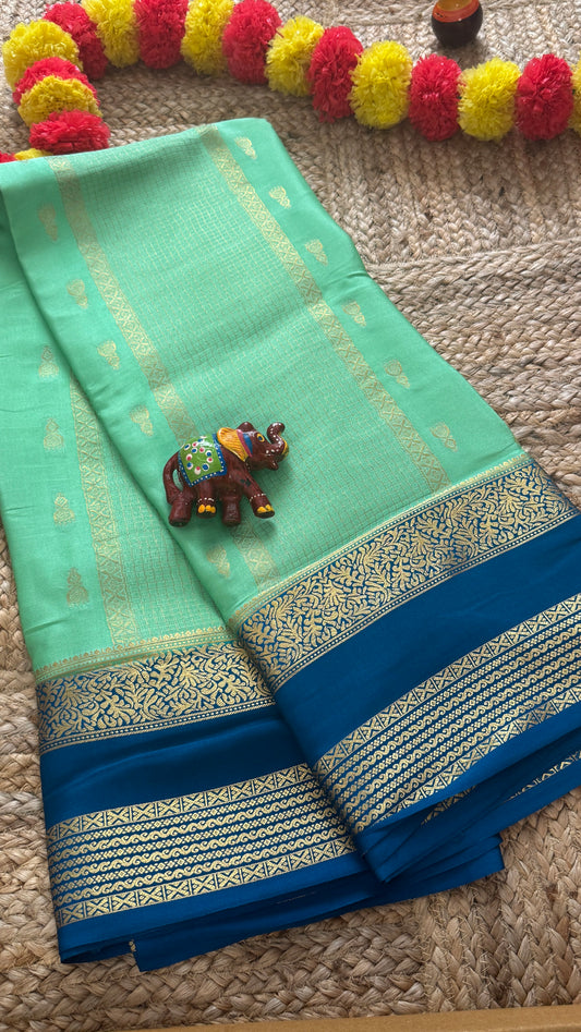 Pure Mysore Silk Saree - Jhumka Zari 2D Light Green and Navy Blue