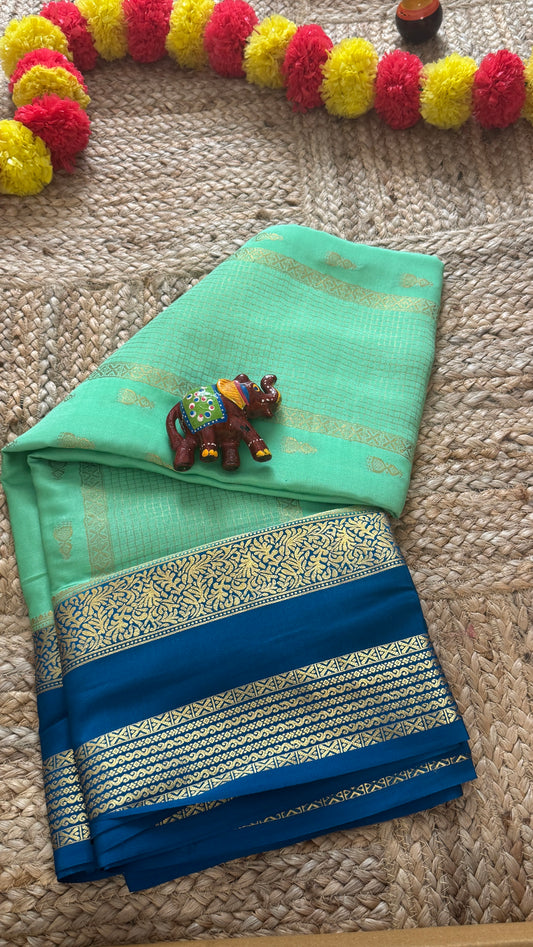 Pure Mysore Silk Saree - Jhumka Zari 2D Light Green and Navy Blue