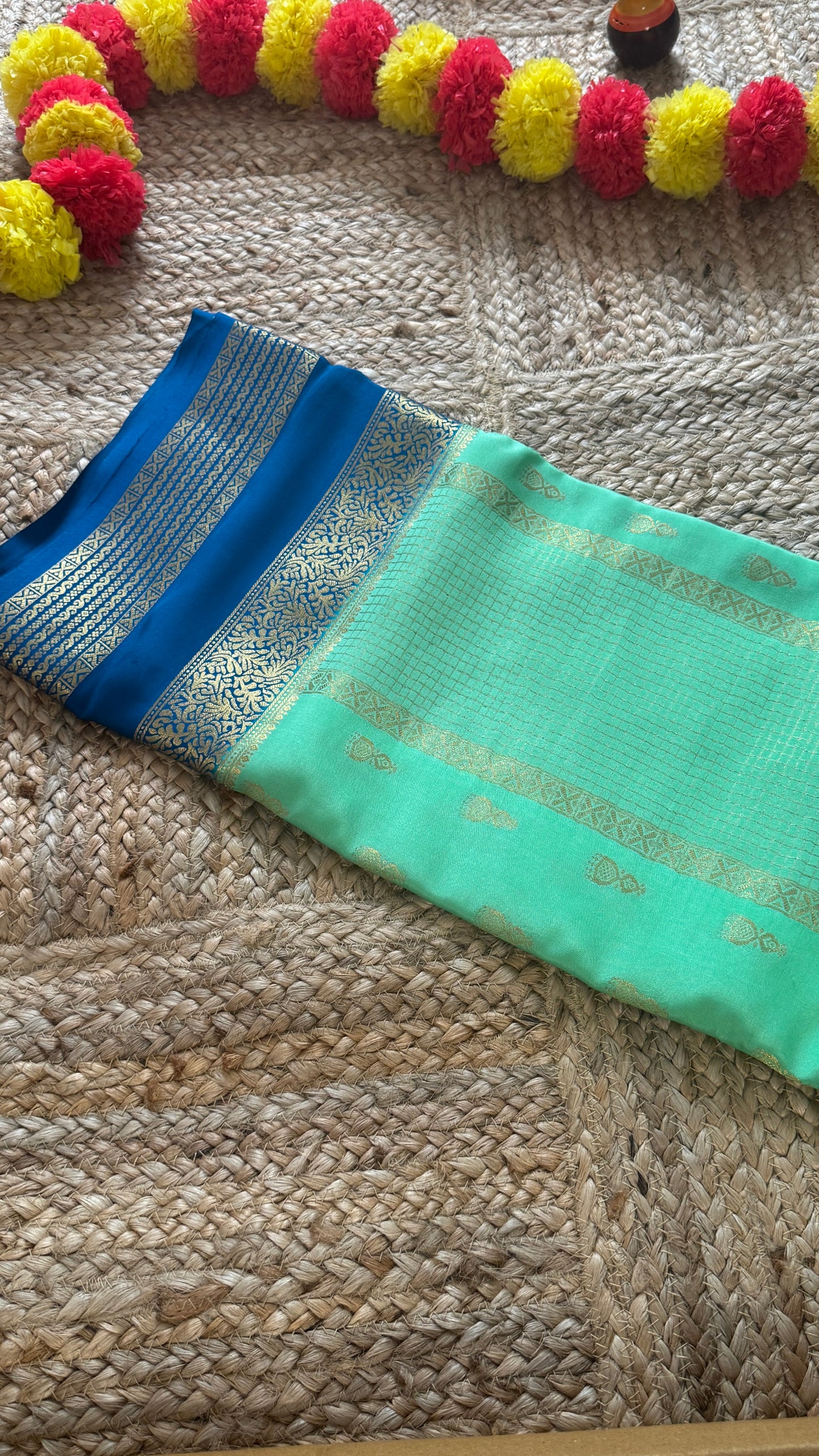 Pure Mysore Silk Saree - Jhumka Zari 2D Light Green and Navy Blue