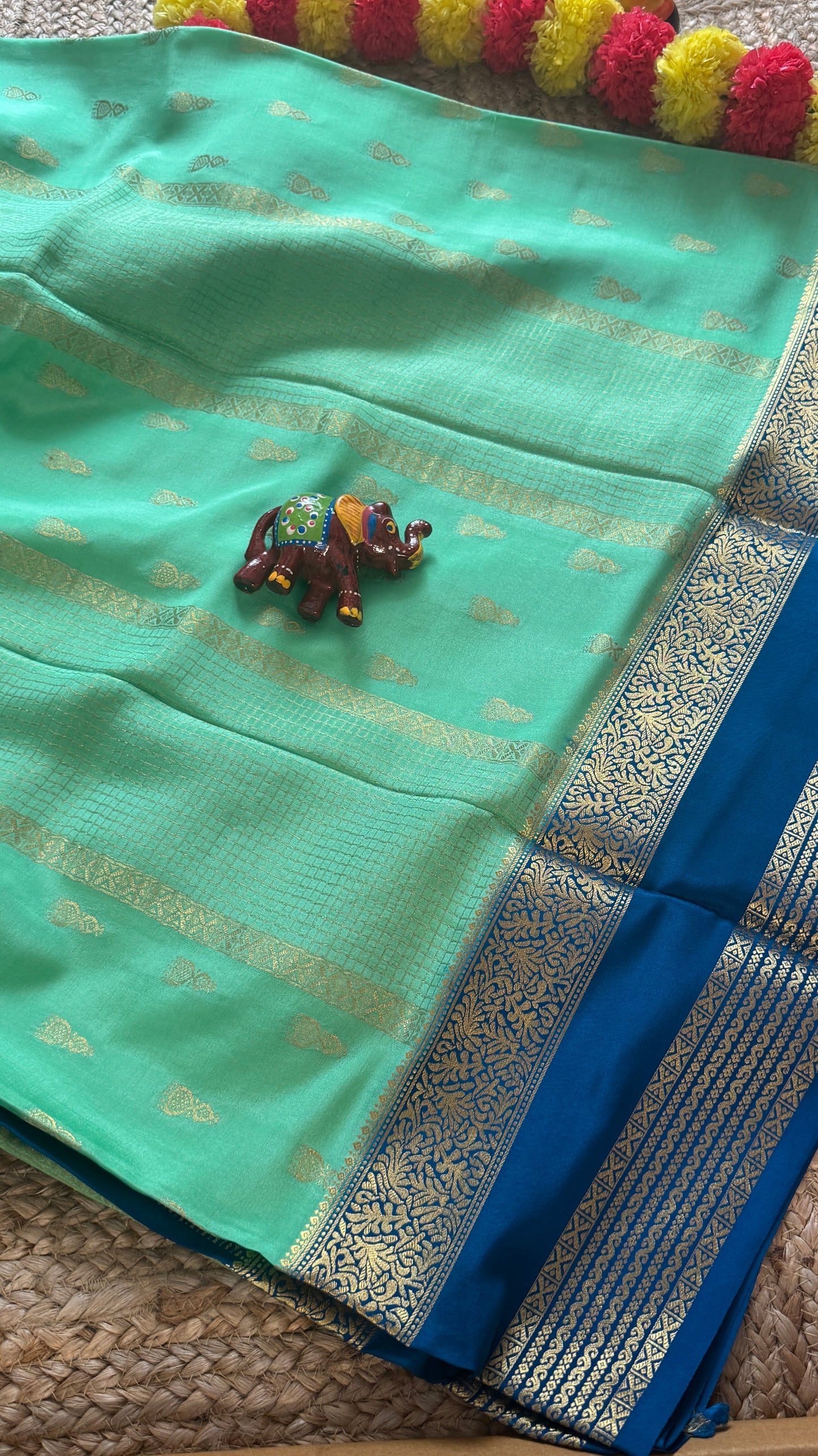 Pure Mysore Silk Saree - Jhumka Zari 2D Light Green and Navy Blue