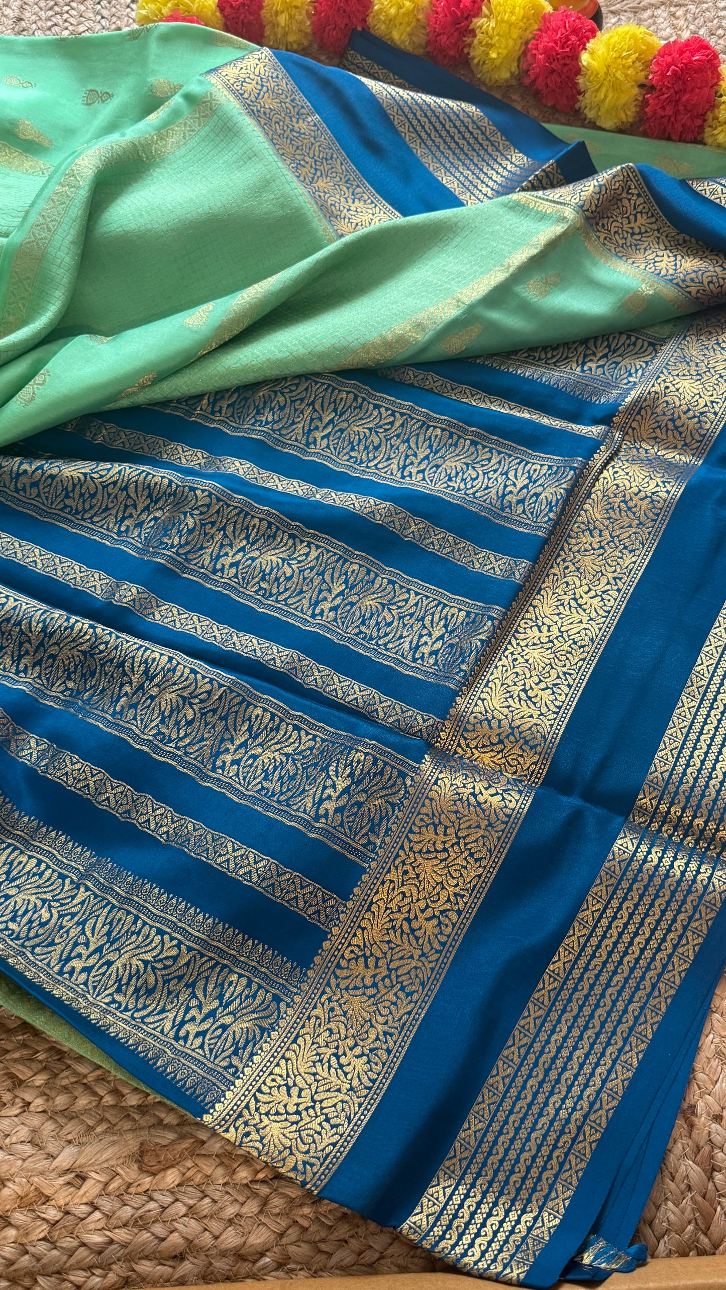 Pure Mysore Silk Saree - Jhumka Zari 2D Light Green and Navy Blue