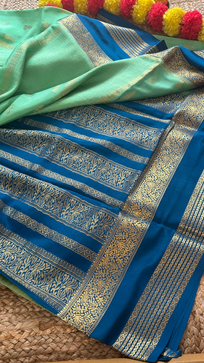 Pure Mysore Silk Saree - Jhumka Zari 2D Light Green and Navy Blue