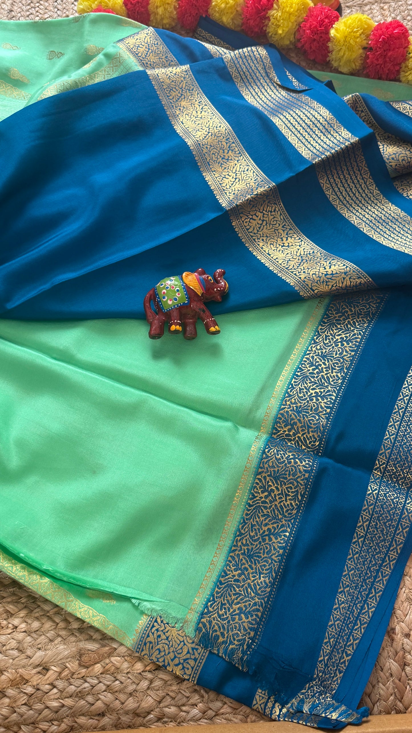 Pure Mysore Silk Saree - Jhumka Zari 2D Light Green and Navy Blue