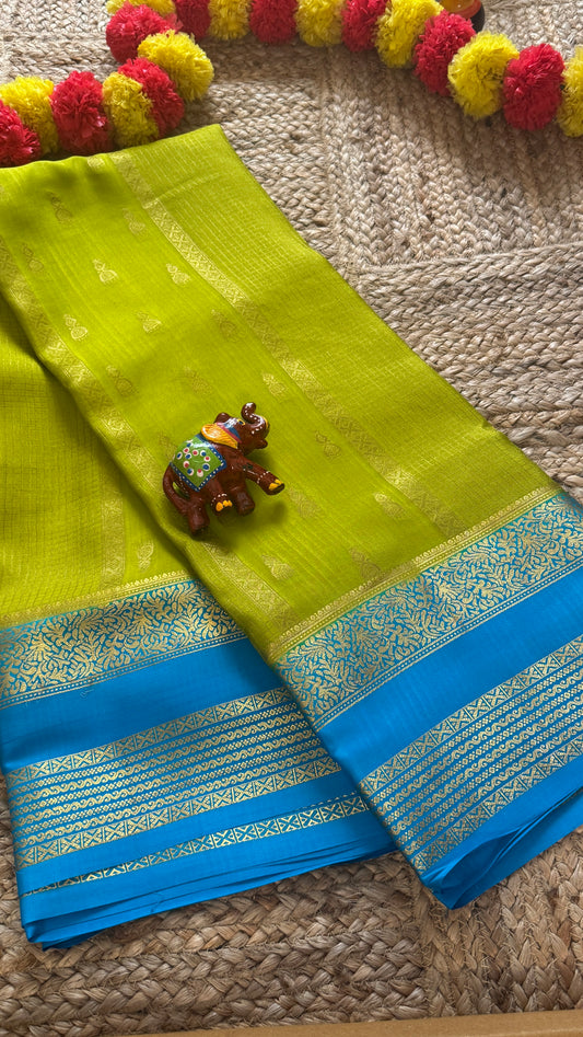 Pure Mysore Silk Saree - Jhumka Zari 2D Parrot Green and Blue