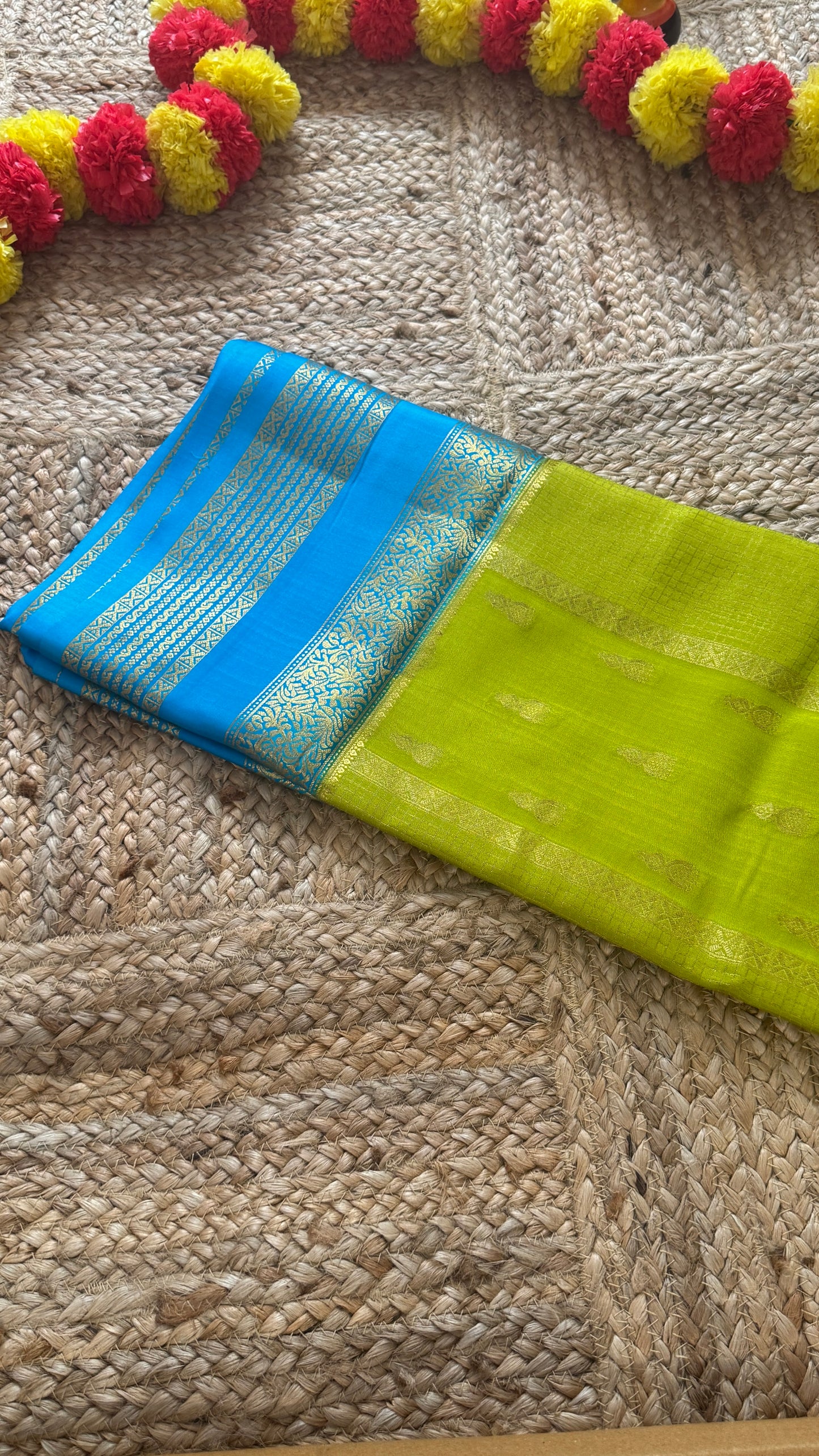 Pure Mysore Silk Saree - Jhumka Zari 2D Parrot Green and Blue