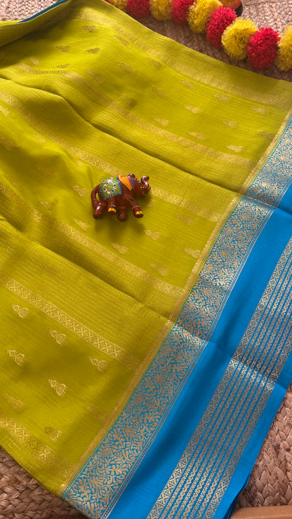 Pure Mysore Silk Saree - Jhumka Zari 2D Parrot Green and Blue