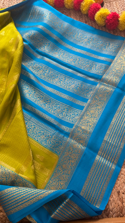 Pure Mysore Silk Saree - Jhumka Zari 2D Parrot Green and Blue