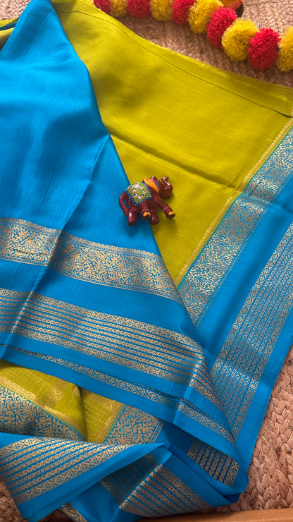Pure Mysore Silk Saree - Jhumka Zari 2D Parrot Green and Blue