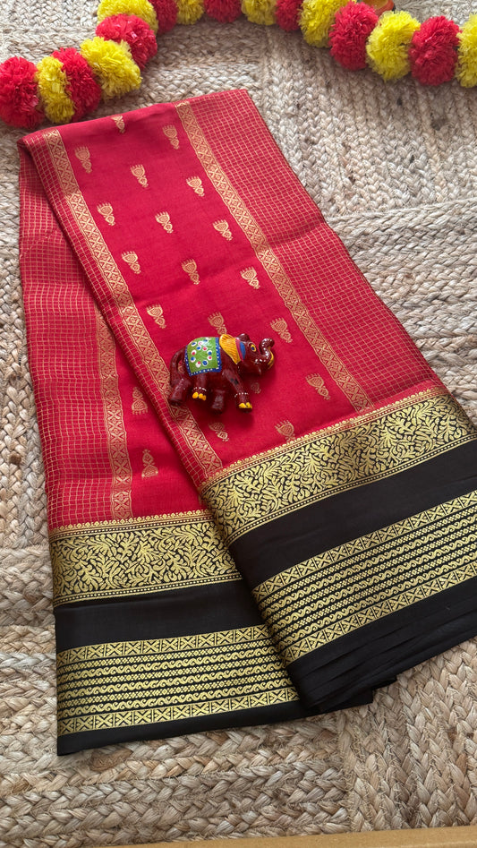 Pure Mysore Silk Saree - Jhumka Zari 2D Red and Black